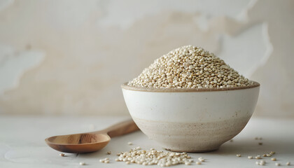 Close-up of quinoa seeds in a white ceramic bowl with wooden spoon, soft pastel background, natural daylight, minimal modern composition, healthy grain texture