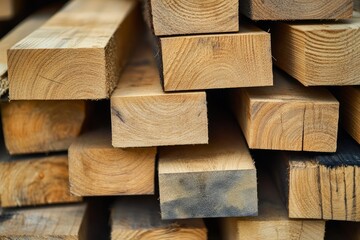 Stacked timber planks in warm lighting and soft focus. AI generated