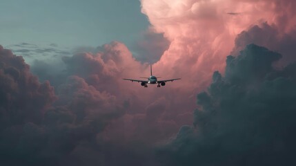 Fototapeta premium Lowangle shot of a passenger jet soaring through a colorful twilight sky filled with dramatic pink and blue clouds, emphasizing flight and freedom with ample copy space on the right