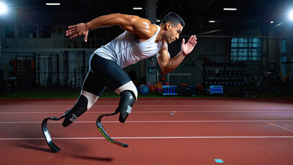 Adaptive Athlete on the Track: A muscular athlete with prosthetic legs sprints powerfully along a race track, symbolizing resilience, determination, and triumph over adversity.