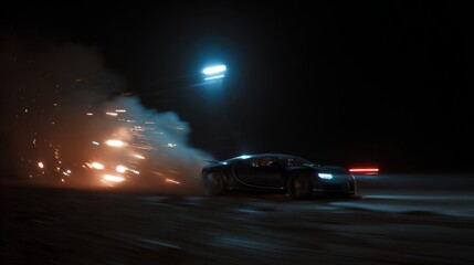 Luxury sports car drifting at high speed on dark night road with glowing sparks and smoke trail illuminated by street lights perfect for automotive advertising and racing concept visuals