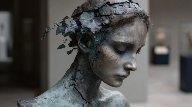 Weathered bronze sculpture of a fragile female bust with cracked texture and fragmented head pieces symbolizing decay and passage of time perfect for conceptual art and dramatic poster design