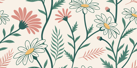 Wildflower and Daisy Seamless Pattern with Ladybug
