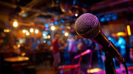 Microphone center stage at lively concert venue. AI image