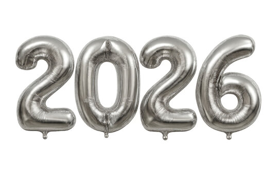 Silver balloons forming the number 2026 on transparent background