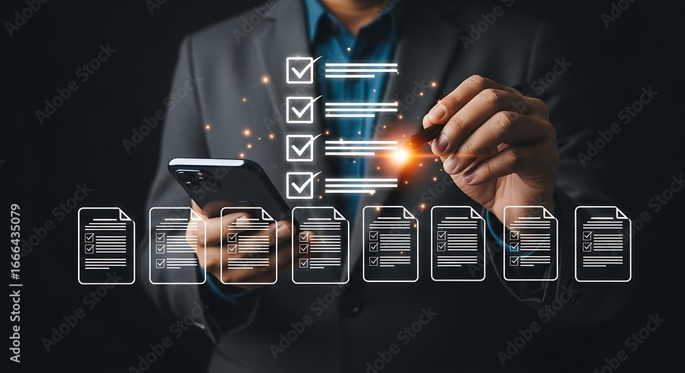 Poster person checking off tasks on digital list checklist