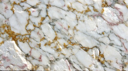 Luxurious white marble surface with intricate gold veining and shimmering highlights, closeup macro texture with elegant swirling patterns and copy space on the left