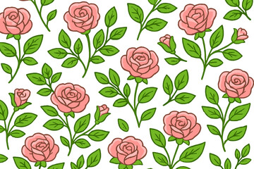 Romantic pink rose seamless pattern. Vector floral background with hand-drawn flower elements. Botanical illustration for fabric, wallpaper, wedding invitation, textile, summer.