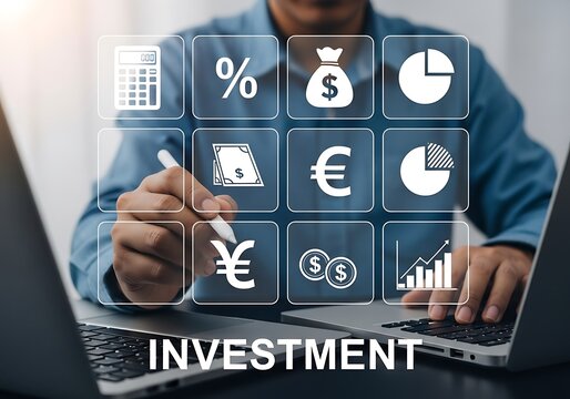 Financial icons calculator percentage money bag currency growth