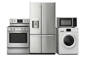 Modern home appliances set stainless steel refrigerator, oven range, microwave, and washing machine for contemporary living, isolated on white