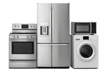 Modern home appliances set stainless steel refrigerator, oven range, microwave, and washing machine for contemporary living, isolated on white