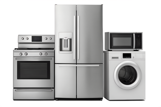 Modern home appliances set stainless steel refrigerator, oven range, microwave, and washing machine for contemporary living, isolated on white