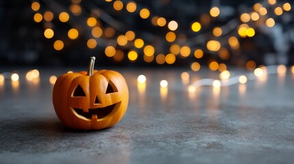 Closeup of a carved illuminated jacko'lantern with intricate facial details, floating orange bokeh orbs background, and dark moody atmosphere perfect for halloween themes