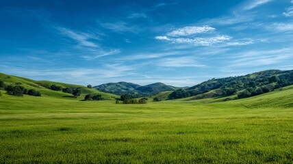 Fototapeta premium Rolling hills with blue sky and mountains. AI image