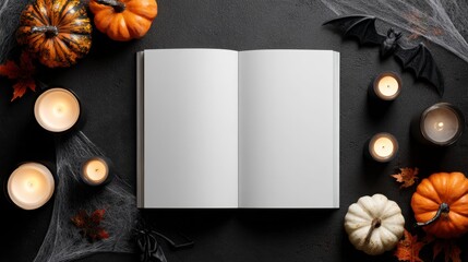 Minimalistic hardcover book layout with blank pages. Halloween elements include a small carved pumpkin with flickering candles. For Halloween themed publishing,Halloween books and recipes. Flat lay