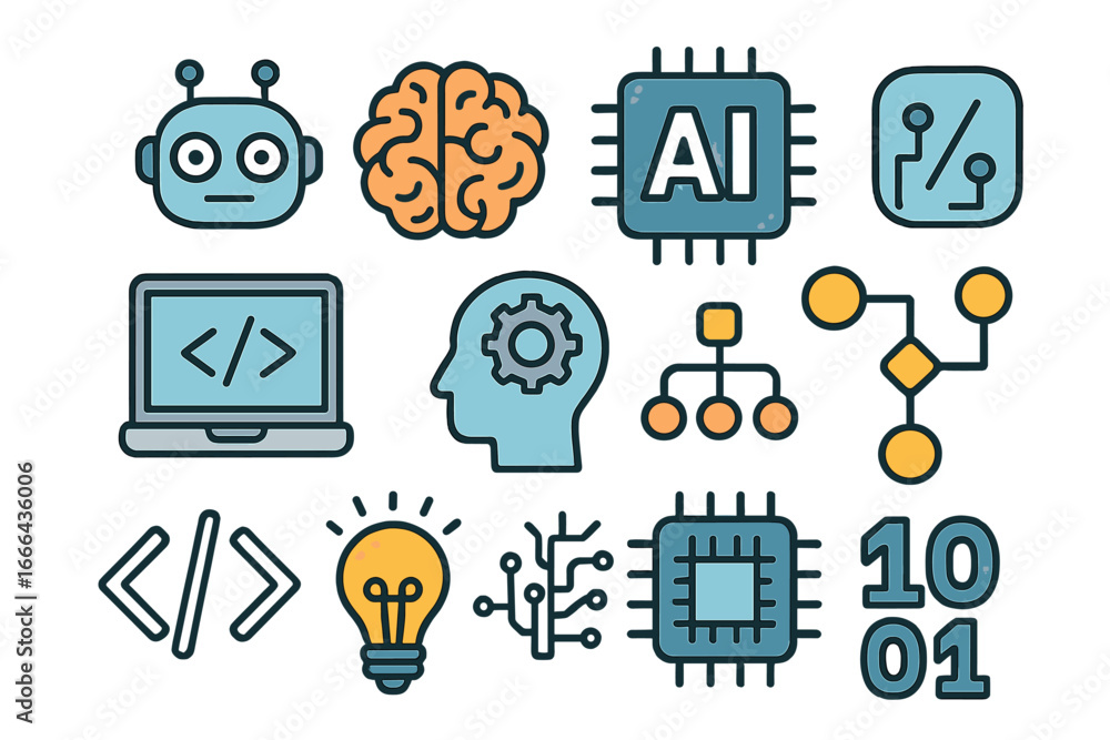 Fototapete artificial intelligence icon set. ai, machine learning, data science concepts. robot, brain, cpu, co