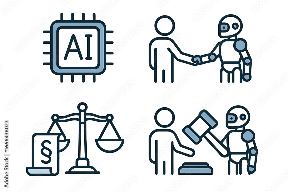 Aufkleber ai and law icon set. artificial intelligence in justice and legal system. robot judge with gavel, hu