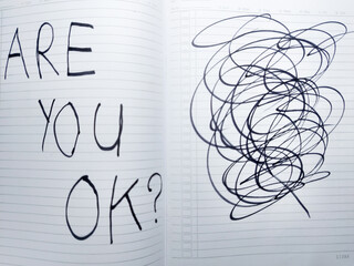 Mental health awareness concept showing the difficulty of expressing inner turmoil with a simple question and a chaotic scribble