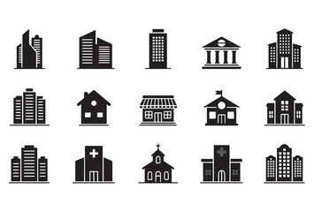A collection of flat style building icons featuring diverse structures such as homes, apartments, educational institutions, healthcare facilities, and worship places. The icons are black silhouettes o