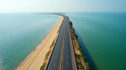 Aerial view of a long coastal highway running parallel to the ocean