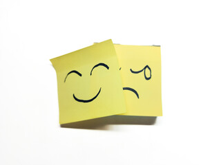 The duality of emotions shown by a happy face hiding a sad one on yellow sticky notes, symbolizing mental health challenges and hidden feelings