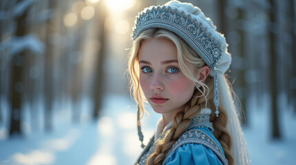 Portrait of a snow maiden with blonde braid and ornate crown in snowy forest. Traditional winter costume, fairytale holiday theme