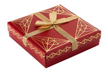 Red gift box with gold ribbon and diamond pattern