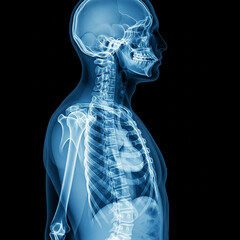 Frontal X-ray of the head to the waist showing the bone structure clearly and in various details in blue tones.
