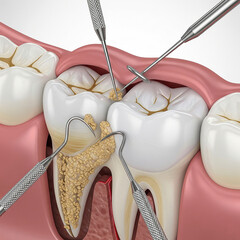 Scaling and root planing, 3D medical illustration of human dental treatment.