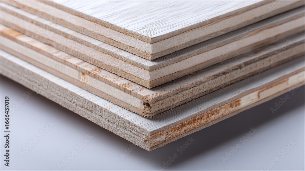 Poster macro shot of layered birch plywood with visible grain textures in white tones emphasizing minimalis