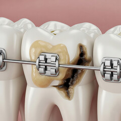 Image of tooth decay that occurs near braces as a result of poor hygiene. 3D illustration.