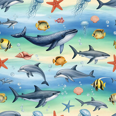 Seamless watercolor pattern with underwater world. Colorful fish, whale, shark, dolphin, starfish, jellyfish shells. Sea and ocean life background.