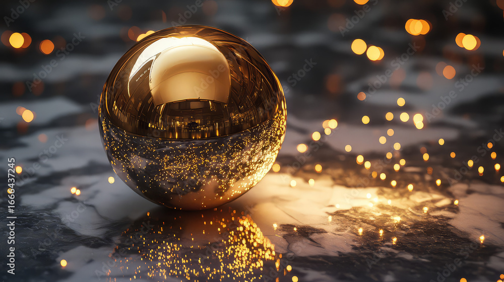 Poster a golden sphere resting on a dark marbled surface surrounded by soft bokeh lights creating a warm am
