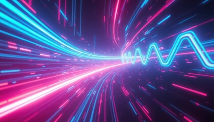 Vibrant neon light trails representing fast data transfer and digital connectivity in a futuristic cyberspace. Ideal for technology, internet, and communication themes.