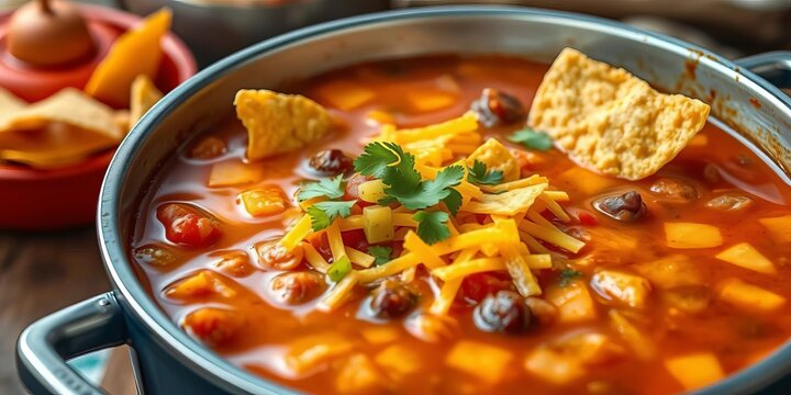 A simmering pot of taco soup, garnished with cheese and tortilla chips,   ground beef,  cheese
