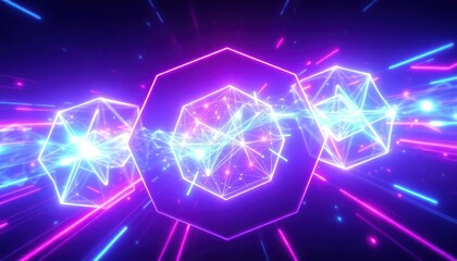 Vibrant neon hexagons frame abstract data networks, illuminated by glowing light trails, representing digital connection and futuristic innovation.