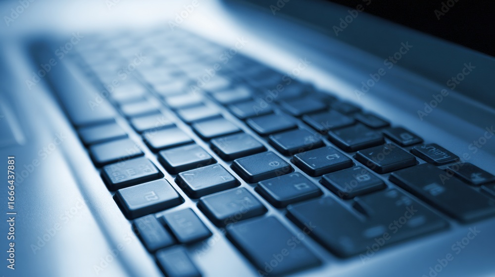 Poster close-up view of a laptop keyboard highlighting the keys, backlighting, and surface texture during a