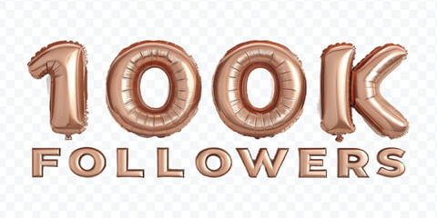 realistic 3d 100K FOLLOWERS typography made by with different colour foil balloons isolated on transparent background