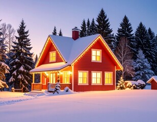 雪景色の中に建つクリスマスの家