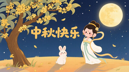 Chang'e flying to the moon, Mid-Autumn Festival theme cartoon cover, material