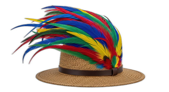 A straw hat with a brown band and colorful feathers on a black background in a studio shot