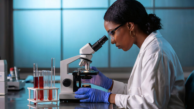 Scientist analyzing sample under microscope in modern laboratory, research and development concept