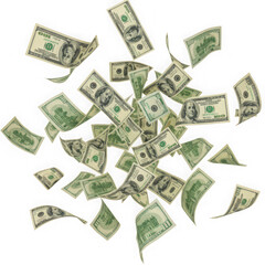 Scattered hundred dollar bills isolated on transparent background