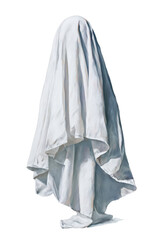 Fototapeta premium Watercolor halloween ghostly figure draped in sheet isolated on transparent background