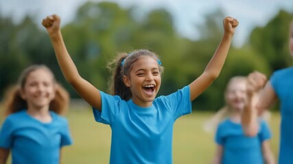 A joyful group of children celebrating together outdoors. - Powered by Adobe