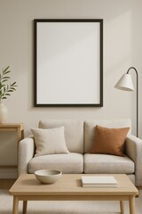 Fototapeta premium Living room frame mockup with sofa and cushions, isolated background. Warm home interior design