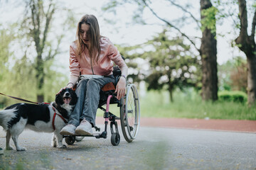 A young woman in a wheelchair sits on a path petting her dog outdoors. The serene environment and...