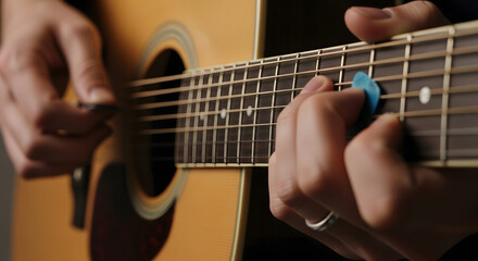Close up of a musician strumming acoustic guitar strings with pick, creating music