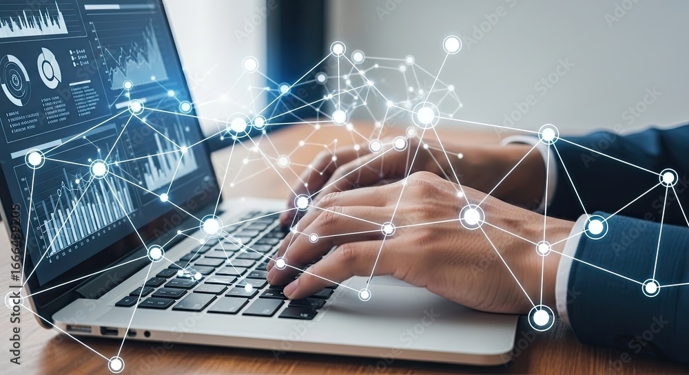 Poster close up of hands typing on a laptop with a glowing digital network overlay representing data and co