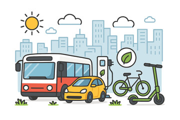 Eco-friendly urban mobility concept with public transportation. Electric car at charging station, bus, bicycle, and e-scooter. Sustainable city transport vector illustration.